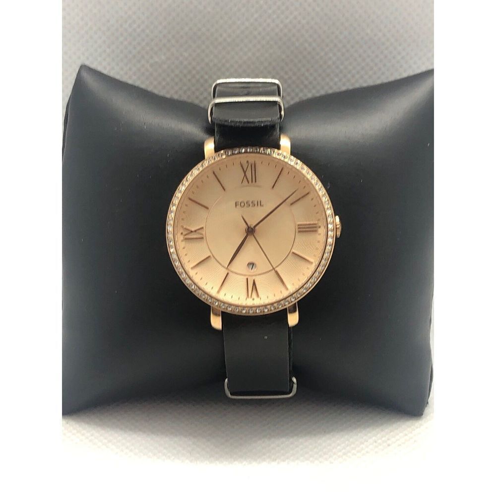 Fossil ES3546 Womens Black Leather Analog Rose Gold Dial Quartz Wrist Watch ZZ39